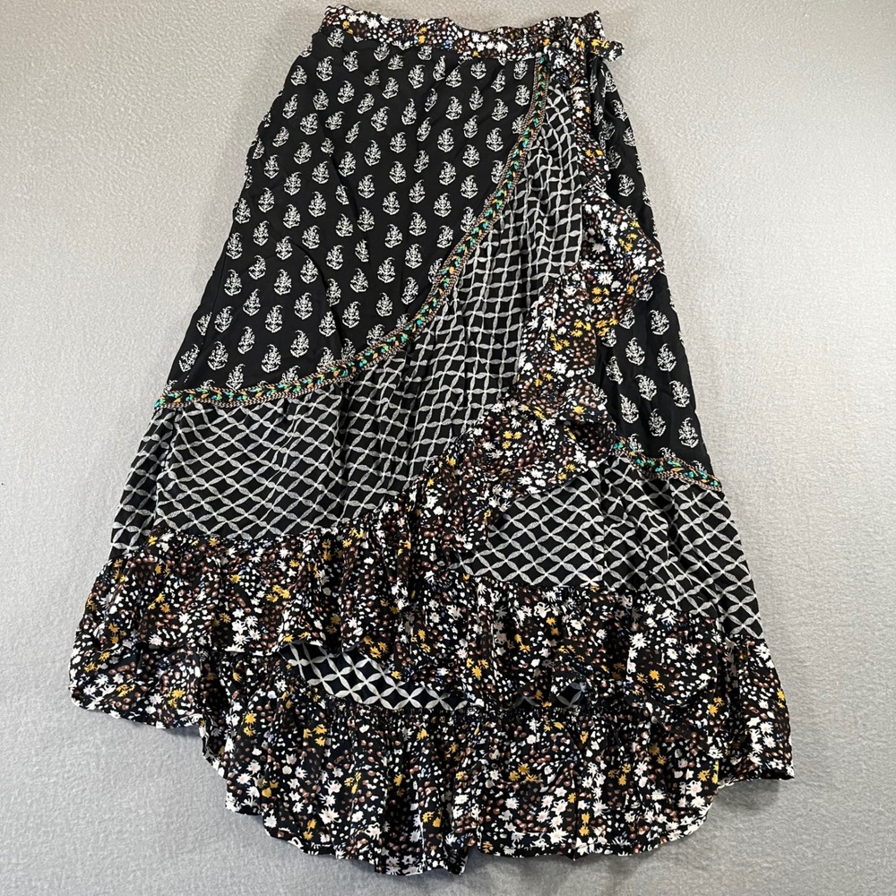 Christian Siriano Womens Small Mixed‎ Print boho Ruffle Wrap Maxi Skirt Black - Picture 11 of 11